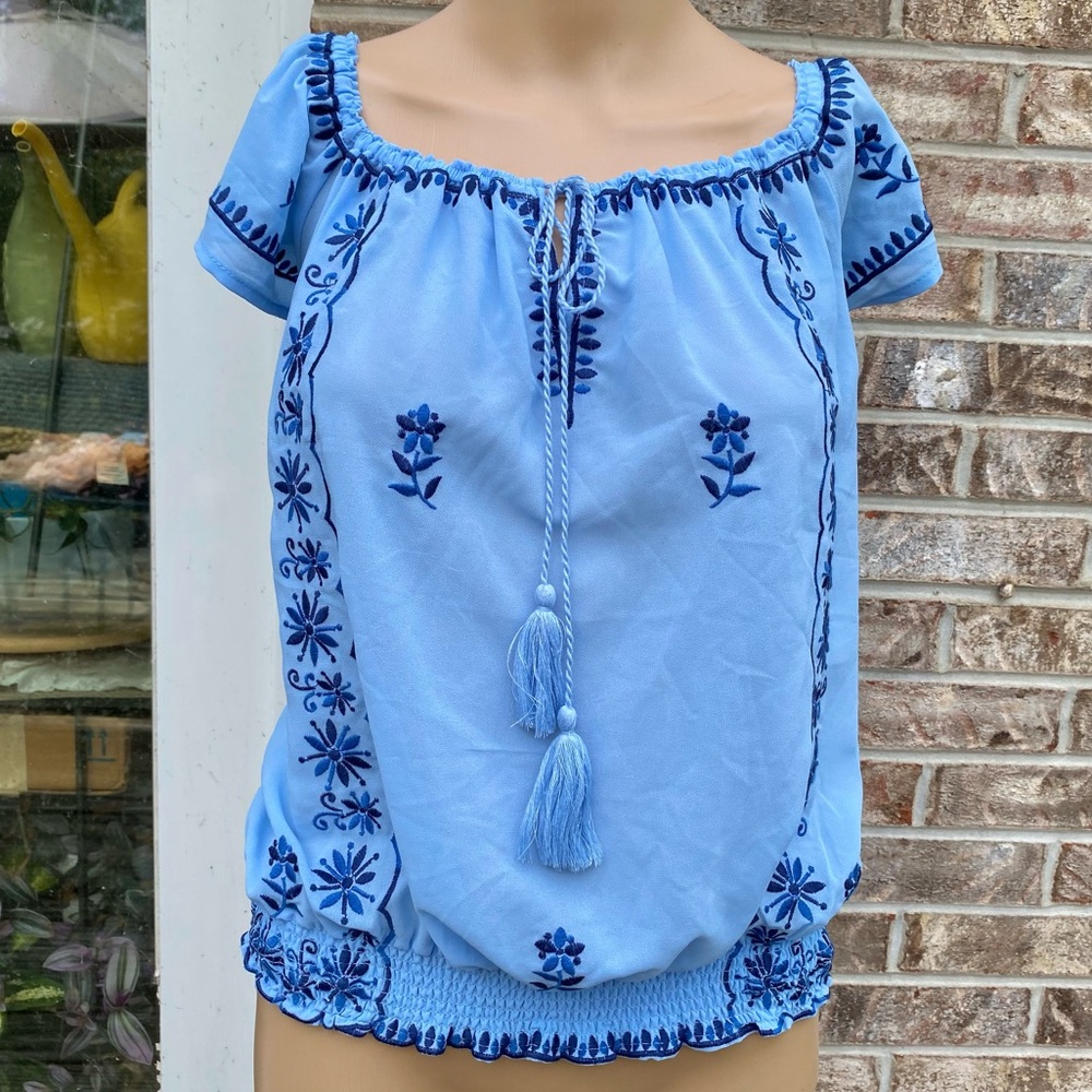 Bright Blue Embroidered Boho Venus Peasant Top